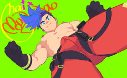 Rule 34 | 1boy, asymmetrical hair, bara, blue eyes, blue hair, bulge, covered penis, crotch, foreshortening, from below, galo thymos, gloves, male focus, modachai (weibo5622674859), muscular, muscular male, navel, nipples, pants, pectorals, perspective, promare, red pants, sidecut, smile, solo, spiked hair, stomach, thick eyebrows, thick thighs, thighs, topless male, undercut