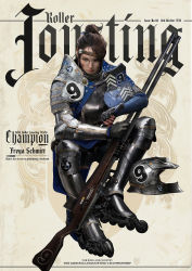 Rule 34 | 1girl, allianz arena, armor, bmw, breastplate, brown hair, chainmail, commentary, concept art, cover, dated, elbow pads, english text, fake magazine cover, fantasy, faulds, fingerless gloves, ford, full armor, gauntlets, gloves, greaves, gun, hair through headwear, unworn headwear, helmet, unworn helmet, highres, holding, holding gun, holding weapon, inline skates, johnson ting, lips, looking at viewer, lufthansa, magazine cover, medieval, motocross, nose, original, pauldrons, plate armor, ponytail, realistic, roller skates, round eyewear, shoulder armor, single pauldron, sitting, skates, solo, sponsor, urban fantasy, weapon