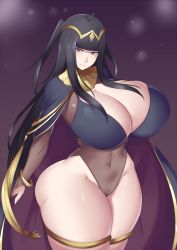 Rule 34 | 1girl, black eyes, black hair, bluespice, blunt bangs, breasts, cameltoe, cleavage, cleft of venus, covered navel, curvy, female focus, fire emblem, fire emblem awakening, highres, huge breasts, long hair, looking at viewer, matching hair/eyes, narrow waist, nintendo, purple background, see-through, skindentation, smile, solo, standing, tharja (fire emblem), thick thighs, thighlet, thighs, tiara, wide hips
