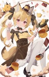 Rule 34 | 1girl, animal ears, bare shoulders, black footwear, blonde hair, dress, food, goma (u p), hair ornament, hat, highres, holding, long hair, looking at viewer, mini hat, original, pantyhose, poker, shoes, smile, solo, tail, top hat, twintails, white pantyhose, wrist cuffs