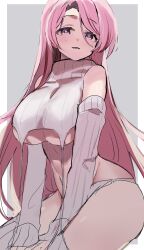 Rule 34 | 1girl, absurdres, alternate costume, breasts, cleavage, commission, detached sleeves, grey panties, grey sweater, highres, kantai collection, large breasts, long hair, looking at viewer, luigi di savoia duca degli abruzzi (kancolle), meme attire, multicolored hair, panties, parted lips, picoli1313, pink eyes, pink hair, red hair, ribbed sweater, simple background, skeb commission, solo, streaked hair, sweater, turtleneck, turtleneck sweater, two-tone background, underboob, underwear, very long hair, virgin destroyer sweater, white hair