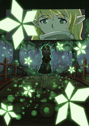 Rule 34 | 1girl, absurdres, aura, blonde hair, bridge, cave, danmaku, female focus, glowing, glowing eyes, green eyes, highres, mizuhashi parsee, nature, outdoors, plant, pointy ears, ryoukuchaou, scarf, solo, touhou