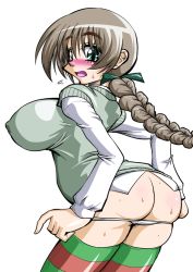 Rule 34 | 1girl, ass, blush, braid, breasts, brown hair, butt crack, from behind, green eyes, kujirada daifutoshi, large breasts, long hair, looking at viewer, looking back, lynette bishop, multicolored clothes, multicolored legwear, open mouth, panties, panty pull, shiny skin, simple background, single braid, solo, standing, strike witches, striped clothes, striped thighhighs, sweat, sweater vest, thighhighs, underwear, white background, white panties, world witches series