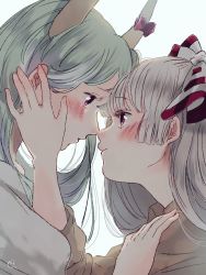Rule 34 | 2girls, blush, bow, collared shirt, ex-keine, fujiwara no mokou, green hair, hair strand, hands on another&#039;s face, height difference, hime cut, horn bow, horn ornament, horn ribbon, horns, imminent kiss, kamishirasawa keine, lips, looking at another, mokoiscat, multiple girls, noses touching, puffy short sleeves, puffy sleeves, red eyes, ribbon, shirt, short sleeves, sidelocks, silver hair, smile, white background, yuri