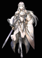 Rule 34 | 1girl, absurdres, ankoku broccoli, armor, armored dress, breastplate, cape, couter, full armor, gauntlets, greaves, grey eyes, highres, holding, holding sword, holding weapon, knight, long hair, original, pauldrons, plate armor, shield, shoulder armor, solo, sword, weapon, white hair