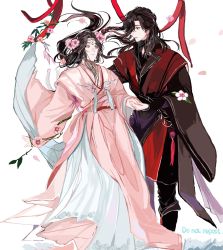 Rule 34 | 2boys, black hair, chinese clothes, circlet, couple, eyepatch, full body, highres, hozuhakusai, hua cheng, jewelry, long hair, long sleeves, looking at another, male focus, multiple boys, profile, tassel, tianguan cifu, white background, xie lian