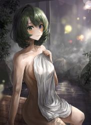 Rule 34 | 1girl, :d, arm support, bare arms, bare legs, bare shoulders, blue eyes, blush, breasts, chan1moon, collarbone, covering privates, green eyes, green hair, hair between eyes, heterochromia, highres, idolmaster, idolmaster cinderella girls, looking at viewer, medium breasts, medium hair, mole, mole under eye, naked towel, night, nude cover, onsen, open mouth, outdoors, rock, sideboob, sitting, smile, solo, sparkle, steam, takagaki kaede, towel, tree, water, wet towel