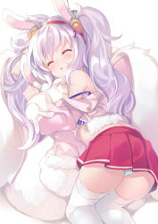 Rule 34 | 1girl, animal ears, azur lane, bare shoulders, blue panties, blush, camisole, closed eyes, commentary request, drooling, fake animal ears, from above, fur-trimmed jacket, fur trim, hair ornament, hairband, horizontal-striped panties, jacket, laffey (azur lane), long hair, long sleeves, lying, mayusaki yuu, off shoulder, on side, open clothes, open jacket, panties, pantyshot, parted lips, pink jacket, pleated skirt, rabbit ears, red eyes, red hairband, red skirt, saliva, sidelocks, silver hair, simple background, skirt, sky, sleeping, solo, spaghetti strap, strap slip, striped clothes, striped panties, thighhighs, twintails, underwear, white background, white camisole, white thighhighs