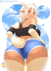 Rule 34 | 1girl, :q, ass, bare shoulders, black bra, black shirt, blacksaikou, blush, bra, bracelet, breasts, commentary, dark-skinned female, dark skin, denim, denim shorts, ear piercing, english commentary, from behind, fur, goat horns, goat tail, hair between eyes, highres, horizontal pupils, horns, jewelry, large breasts, looking at viewer, looking back, micro shorts, mole, mole under eye, monster musume no iru nichijou, nose piercing, off-shoulder shirt, off shoulder, patreon username, piercing, pointy ears, red eyes, saane (monster musume), shirt, short hair, shorts, smile, solo, tongue, tongue out, underwear, white fur, white hair