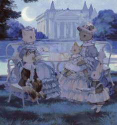 Rule 34 | animal, animal focus, apron, architecture, black dress, black jacket, black pants, blue eyes, blue theme, building, cat, chair, clothed animal, cup, dress, frilled dress, frilled shirt collar, frills, full body, hat, headband, highres, holding, holding cup, jacket, kitten, long sleeves, maid, moon, moonlight, night, night sky, no humans, original, outdoors, pants, pond, puffy sleeves, rabbit, shirt, sitting, sitting on lap, sitting on person, sky, table, teacup, tono (rt0no), tray, tree, water, white apron, white cat, white dress, white shirt, yellow eyes