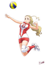 Rule 34 | 1girl, absurdres, artist name, ball, blonde hair, brown eyes, full body, girls und panzer, hair pulled back, hairband, highres, jumping, knee pads, legs up, long hair, parted lips, playing sports, ponytail, red shirt, red shorts, red socks, sasaki akebi, satou yasu, shirt, shoes, short shorts, shorts, signature, simple background, single vertical stripe, sleeveless, sleeveless shirt, sneakers, socks, solo, spiking, sportswear, volleyball, volleyball (object), volleyball uniform, white background, white footwear, white hairband