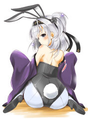 Rule 34 | 1girl, absurdres, alternate costume, animal ears, ass, black leotard, clothes writing, detached collar, from behind, grey eyes, grey hair, happi, headband, highres, japanese clothes, kantai collection, leotard, long hair, looking at viewer, looking back, one side up, pantyhose, playboy bunny, rabbit ears, simple background, sitting, solo, strapless, strapless leotard, suzutsuki (kancolle), taisinkoku, wariza, white background