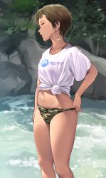 Rule 34 | 1girl, bikini, bikini under clothes, breasts, brown hair, camouflage, camouflage bikini, earrings, forest, highres, jewelry, nature, navel, open mouth, original, outdoors, red eyes, shirt, short hair, small breasts, solo, standing, swimsuit, swimsuit under clothes, thighs, tree, wa (genryusui), water, white shirt