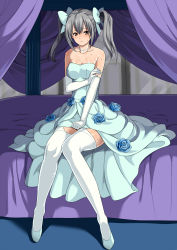 Rule 34 | 00s, 1girl, bare shoulders, bed, blush, breasts, bride, brown eyes, cleavage, dress, edy nelson, elbow gloves, female focus, flower, gloves, grey hair, hair ribbon, highres, jewelry, large breasts, legs, long hair, long legs, necklace, ribbon, senjou no valkyria, senjou no valkyria (series), senjou no valkyria 1, shin&#039;ya (shin&#039;yanchi), sitting, solo, strapless, strapless dress, sweat, thighhighs, thighs, twintails, wedding dress, white thighhighs, zettai ryouiki