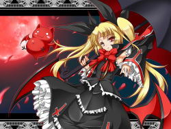 Rule 34 | 1girl, arc system works, armpits, bat (animal), blazblue, blonde hair, bow, capelet, cat, detached sleeves, dress, frills, full moon, gii, gothic lolita, hair ribbon, lolita fashion, long hair, moon, nago, petals, rachel alucard, red bow, red eyes, red moon, ribbon, roura, sky, smile, twintails, umbrella, wings