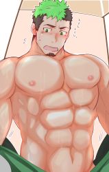 Rule 34 | 1boy, abs, bara, black hair, blush, bulge, crow (siranui), facial hair, goatee, green eyes, highres, ikusaba daisuke, large pectorals, male focus, manly, multicolored hair, muscular, navel, nipples, pectorals, short hair, simple background, solo, taurus mask, thick thighs, thighs, tokyo houkago summoners, undressing, upper body, wrestling outfit
