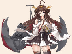 Rule 34 | 10s, 1girl, ahoge, bare shoulders, blush, breasts, brown hair, cannon, detached sleeves, double bun, female focus, finger to mouth, hair ornament, hairband, hand on own hip, hayama kazusa, headgear, japanese clothes, kantai collection, kongou (kancolle), large breasts, long hair, looking at viewer, nontraditional miko, one eye closed, ribbon-trimmed sleeves, ribbon trim, simple background, skirt, smile, solo, thighhighs, zettai ryouiki