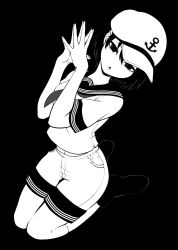 Rule 34 | 1girl, anchor symbol, black background, black eyes, black footwear, black hair, boots, breasts, collar, collared shirt, grey neckwear, greyscale, hair between eyes, hands up, hat, highres, looking at viewer, looking up, medium breasts, monochrome, murasa minamitsu, open mouth, own hands together, puffy short sleeves, puffy sleeves, sailor collar, seiza, shiguma (signalmass), shirt, short hair, short sleeves, shorts, simple background, sitting, solo, touhou, white hat, white shirt, white shorts