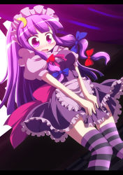 Rule 34 | 1girl, alternate costume, crescent, crescent hair ornament, dress, enmaided, female focus, geo (yukishitadou), hair ornament, letterboxed, long hair, maid, maid headdress, patchouli knowledge, purple eyes, purple hair, solo, striped clothes, striped thighhighs, thighhighs, touhou