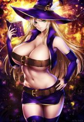 Rule 34 | 1girl, arai29, bare shoulders, belt bra, blonde hair, breasts, cleavage, commission, green eyes, hat, huge breasts, large breasts, long hair, navel, revealing clothes, solo, thighhighs, very long hair, witch