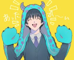 Rule 34 | 1boy, ^ ^, black hair, cardigan, closed eyes, collared shirt, contemporary, facing viewer, fake horns, hands up, happy, headwear with attached mittens, hood, horns, long sleeves, male focus, mittens, okurase, open mouth, polka dot headwear, rurouni kenshin, school uniform, seta soujirou, shirt, short hair, simple background, solo, upper body, white shirt, yellow background