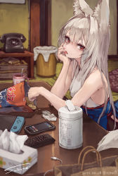 Rule 34 | 1girl, :p, animal ear fluff, animal ears, artist name, bare arms, bare shoulders, blurry, blurry foreground, cellphone, chips (food), commentary, controller, cup, dated, depth of field, fingernails, food, food on face, hand on own cheek, hand on own face, head rest, highres, japanese clothes, kimono, long hair, looking at viewer, nail polish, nintendo switch, original, phone, pink nails, potato chips, red eyes, remote control, short eyebrows, sideways glance, signature, sleeveless, sleeveless kimono, smartphone, solo, suzuno (bookshelf), symbol-only commentary, table, thick eyebrows, tissue box, tongue, tongue out, twitter username, used tissue, white hair, white kimono