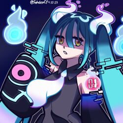 Rule 34 | 1girl, absurdres, armpit crease, bare shoulders, black shirt, blue background, blue hair, collared shirt, commentary, creatures (company), dated, detached sleeves, dot nose, english commentary, fehden, game freak, ghost miku (project voltage), glitch, gradient hair, hair between eyes, hatsune miku, highres, long hair, multicolored hair, necktie, nintendo, pokemon, print sleeves, project voltage, shirt, sidelocks, simple background, sleeves past wrists, solo, teeth, twintails, twitter username, upper body, vocaloid, white necktie, yellow eyes