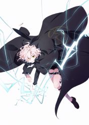 Rule 34 | 1boy, aged down, alternate costume, black footwear, cape, child, e (h798602056), edmond dantes (fate), fate/grand order, fate (series), fedora, formal, hat, highres, lightning, long sleeves, male focus, short hair, shorts, simple background, smile, solo, suit, thunder, wavy hair, white background, white hair, yellow eyes