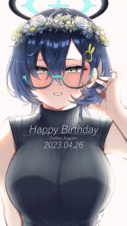 Rule 34 | 1girl, absurdres, alternate costume, aqua-framed eyewear, bare shoulders, blue archive, blue hair, blush, breasts, character name, chihiro (blue archive), dated, dated commentary, glasses, green eyes, hair between eyes, hair ornament, halo, hand up, happy birthday, head wreath, highres, large breasts, looking at viewer, parted lips, rabbit hair ornament, ribbed sweater, ryusei (ster0629), semi-rimless eyewear, short hair, sidelocks, simple background, sleeveless, sleeveless sweater, smile, solo, sweater, turtleneck, turtleneck sweater, upper body, white background