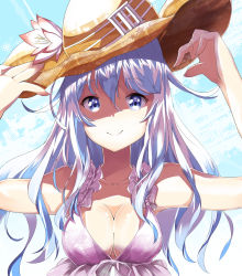 Rule 34 | 1girl, aged up, alternate breast size, blue background, blue eyes, blue sky, breasts, cleavage, cloud, darou74, dress, flower, hair between eyes, hand on headwear, hat, hibiki (kancolle), highres, kantai collection, large breasts, looking at viewer, outdoors, shadow, silver hair, sky, smile, solo, straw hat, sun hat