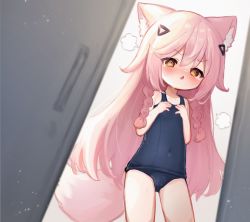 Rule 34 | 1girl, animal ears, blue one-piece swimsuit, blush, braid, brown eyes, covered navel, door, doorway, embarrassed, fox ears, fox girl, fox tail, hair ornament, hairclip, hands on own chest, highres, konununui, long hair, one-piece swimsuit, open mouth, original, pink hair, school swimsuit, solo, swimsuit, tail, tears, thighs, twin braids, very long hair, walk-in