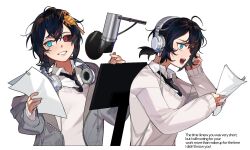 Rule 34 | 1girl, ahoge, bag, behind-the-head headphones, black hair, black necktie, black sclera, blue eyes, bug, collared shirt, colored sclera, dottovu, dress shirt, english text, eus ing, grey jacket, hair between eyes, hand on headphones, headphones, heterochromia, highres, holding, holding paper, indie virtual youtuber, jacket, long sleeves, messy hair, microphone, multiple views, necktie, open clothes, open jacket, open mouth, paper, red eyes, shirt, short hair, simple background, sleeves past wrists, studio microphone, sweater, virtual youtuber, vu (dottovu), white background, white shirt