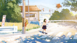 Rule 34 | 1girl, absurdres, air conditioner, balloon, blue sailor collar, blue skirt, brown eyes, brown footwear, building, chewing gum, closed mouth, commentary, crosswalk, dappled sunlight, day, english commentary, glitch, green hair, grey socks, hand up, highres, inami hatoko, loafers, long sleeves, neck ribbon, original, outdoors, pleated skirt, red ribbon, ribbon, road, sailor collar, scenery, shadow, shirt, shoes, skirt, socks, solo, sunlight, traffic light, tree, walking, white shirt