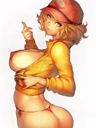 Rule 34 | 10s, 1girl, ass, baseball cap, blonde hair, blue eyes, breasts, cidney aurum, final fantasy, final fantasy xv, fumio (rsqkr), hat, huge ass, jacket, large breasts, light smile, looking at viewer, short hair, sideboob, simple background, solo, thong, white background