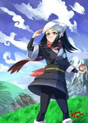 Rule 34 | 1girl, absurdres, akari (pokemon), black hair, black undershirt, cloud, cloudy sky, creatures (company), day, floating scarf, game freak, grass, green eyes, hand up, head scarf, highres, holding, holding poke ball, jacket, long hair, looking at viewer, mountain, nintendo, outdoors, poke ball, pokemon, pokemon legends: arceus, ponytail, red scarf, sash, scarf, sidelocks, sky, smile, white headwear