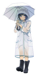 Rule 34 | 1girl, black footwear, blue eyes, blue hair, blush, boots, full body, green hair, holding, holding umbrella, long hair, long sleeves, mattaku mousuke, multicolored hair, original, parted lips, raincoat, rubber boots, see-through, simple background, solo, standing, two-tone hair, umbrella, white background, white umbrella