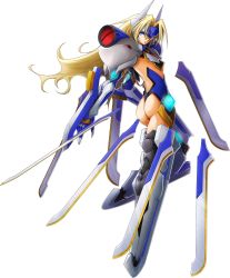 Rule 34 | 1girl, arc system works, ass, back, backless outfit, blade, blazblue, blazblue: chronophantasma, blonde hair, blue eyes, floating, forehead protector, full body, gauntlets, highres, jpeg artifacts, leotard, long hair, mecha musume, mu-12, official art, revealing clothes, robot ears, solo, sword, thong leotard, transparent background, watermark, weapon
