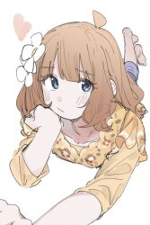 1girl absurdres ahoge barefoot blue_eyes blue_pants blush brown_hair closed_mouth collarbone commentary_request dot_nose dress eyelashes floral_print flower hair_flower hair_ornament head_rest heart highres idolmaster idolmaster_million_live! long_sleeves looking_at_viewer lying medium_hair meeeeeeco359 on_stomach pants print_dress sidelocks solo suou_momoko wavy_hair white_background yellow_dress