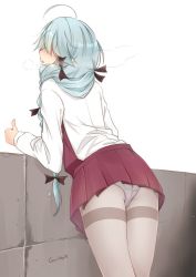 Rule 34 | 1girl, ahoge, ass, black ribbon, braid, breath, commentary request, cowboy shot, dress, from behind, grey hair, grey pantyhose, hair over one eye, hair ribbon, hamanami (kancolle), kantai collection, long hair, long sleeves, nagi (shunsuke-manage), one-hour drawing challenge, open mouth, panties, panties under pantyhose, pantyhose, purple dress, ribbon, school uniform, shirt, simple background, single braid, solo, thighband pantyhose, thumbs up, underwear, wall, white background, white shirt