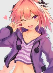 Rule 34 | 1boy, astolfo (fate), astolfo (memories at trifas) (fate), blush, braid, fang, fate/apocrypha, fate (series), hair intakes, hair ornament, hair ribbon, long hair, looking at viewer, male focus, navel, official alternate costume, one eye closed, open mouth, pink hair, purple eyes, ribbon, shishikai, single braid, smile, solo, trap, v