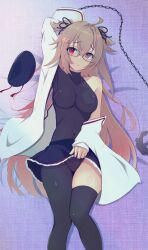 Rule 34 | 1girl, anchor, asymmetrical clothes, bare shoulders, bespectacled, black ribbon, black skirt, black thighhighs, breasts, brown eyes, chain, commission, feet out of frame, glasses, hair between eyes, hair flaps, hair ornament, hair ribbon, hairclip, unworn headwear, heterochromia, highres, honma (honmatomohiro), kantai collection, large breasts, light brown hair, long hair, looking at viewer, murasame (kancolle), murasame kai ni (kancolle), red eyes, ribbon, rimless eyewear, single thighhigh, skeb commission, skirt, solo, thighhighs, two side up