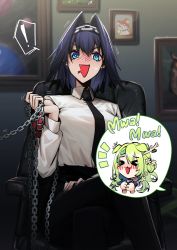 Rule 34 | &gt;o&lt;, 1girl, :d, absurdres, adarin, animal ears, antlers, black hair, blue eyes, blue nails, blush, breasts, ceres fauna, chain, chain leash, chair, collar, crossed legs, dog ears, earrings, formal, green hair, hairband, hamtaro, hamtaro (series), highres, hololive, hololive english, horns, jewelry, leash, looking at viewer, medium hair, nail polish, necktie, open mouth, ouro kronii, plant, potted plant, sitting, smile, solo, suit, virtual youtuber