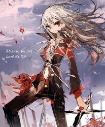 Rule 34 | 1girl, artist name, bad id, bad pixiv id, english text, floating hair, flower, holding, holding sword, holding weapon, light smile, long hair, looking at viewer, neck, original, qtonagi, red eyes, rose, skinny, sky, smile, solo, standing, sword, weapon, white hair
