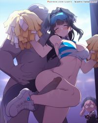 Rule 34 | &lt;|&gt; &lt;|&gt;, 1boy, 2girls, animal ears, animated, animated gif, arm up, armpits, black hair, blue archive, blue eyes, blush, book, bottomless, bouncing breasts, breasts, cheerleader, closed mouth, crop top, dark-skinned male, dark skin, dog ears, dog tail, frottage, goggles, goggles on head, hat, head wings, hibiki (blue archive), hibiki (cheer squad) (blue archive), holding, holding book, holding pom poms, kneepit sex, koharu (blue archive), large breasts, large penis, long hair, looking at another, millennium cheerleader outfit (blue archive), multiple girls, navel, official alternate costume, penis, pink hair, pom pom (cheerleading), pom poms, sensei (blue archive), shoes, spread legs, standing, standing on one leg, stomach, sweat, tail, tail wagging, testicles, thigh grab, thighs, twintails, uncensored, waero, white footwear, wings