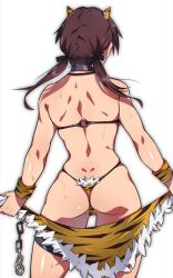 Rule 34 | 1girl, ass, bikini, chain, cosplay, crotch, em (totsuzen no hakike), fake horns, from behind, g-string, gertrud barkhorn, hair ribbon, horns, oni costume, oni horns, ribbon, sarong, shiny skin, shoulder blades, simple background, skindentation, solo, standing, strike witches, swimsuit, thong, twintails, white background, world witches series
