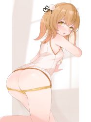 Rule 34 | 1girl, nanashi inc., absurdres, against wall, animal ears, animare, ass, black ribbon, blush, bow, brown eyes, brown hair, butt crack, commentary, commentary request, cowboy shot, ear ribbon, from behind, hair ornament, highres, inaba haneru (animare), irisu-chan (yumemiruk), looking at viewer, looking back, medium hair, open mouth, panties, panty pull, pom pom (clothes), rabbit ears, ribbon, shirt, sleeveless, solo, sunlight, symbol-only commentary, tearing up, underwear, virtual youtuber, white shirt