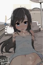 Rule 34 | 10s, 1girl, asashio (kancolle), bed, breasts, cum, cum on body, cum on breasts, cum on clothes, cum on upper body, dated, indoors, kantai collection, out-of-frame censoring, saliva, solo, yopan danshaku