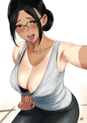 Rule 34 | 1girl, armpits, bare shoulders, black-framed eyewear, black bra, black hair, black pants, bra, bra peek, breasts, cleavage, clothes pull, collarbone, glasses, hair bun, highres, lace, lace bra, large breasts, looking at viewer, mature female, mole, mole on breast, pants, piercing, reaching, reaching towards viewer, shirt, shirt pull, short hair, signature, simple background, solo, tan, tanline, tongue, tongue out, tongue piercing, torima minshuku yadori teki na!, underwear, white background, white shirt, xter, yadori hana