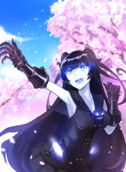 Rule 34 | 1girl, :d, abyssal ship, arm up, armpits, bad id, bad pixiv id, bare shoulders, black dress, black gloves, black hair, blue eyes, blue sky, blunt bangs, breasts, cherry blossoms, cleavage, cloud, collarbone, colored skin, day, double bun, dress, elbow gloves, gloves, glowing, glowing eyes, hair bun, kantai collection, leaning forward, light cruiser oni, long hair, looking away, looking to the side, medium breasts, open mouth, outstretched arm, skirt, sky, sleeveless, sleeveless dress, smile, solo, spring (season), straight hair, very long hair, weasel (close-to-the-edge), white skin