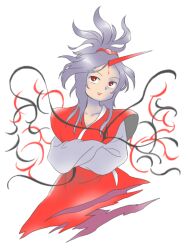 Rule 34 | 1girl, ambiguous red liquid, crossed arms, grey hair, horns, konngara (touhou), long hair, long sleeves, nonamejd, official style, red eyes, red horns, red lips, simple background, single horn, smile, solo, touhou, touhou (pc-98), white background, zun (style)